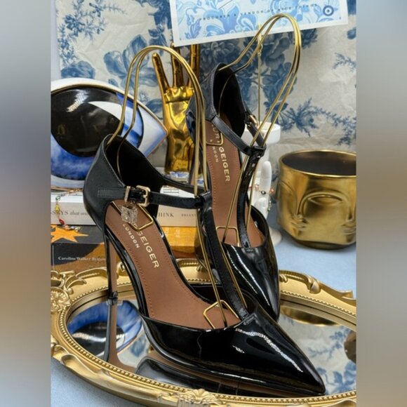 🆕 KURT GEIGER LONDON 🧿 NWOB Brixton Lock T Bar Court Heels, Black Patent, Sz 7 - Picture 6 of 16